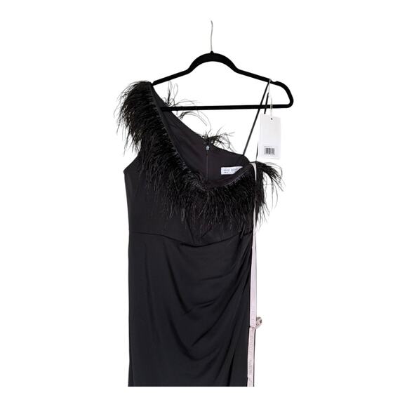 Mac Duggal 68147 One Shoulder Draped Length Dress Feather Trim Black Size 10 NWT - Picture 7 of 16